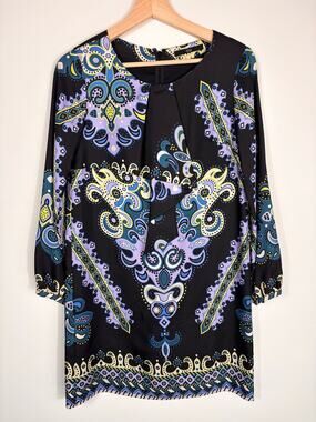 🖤 Tibi Silk Paisley Print Shift Dress | Size 0 | Black/Purple | Y2K | Office